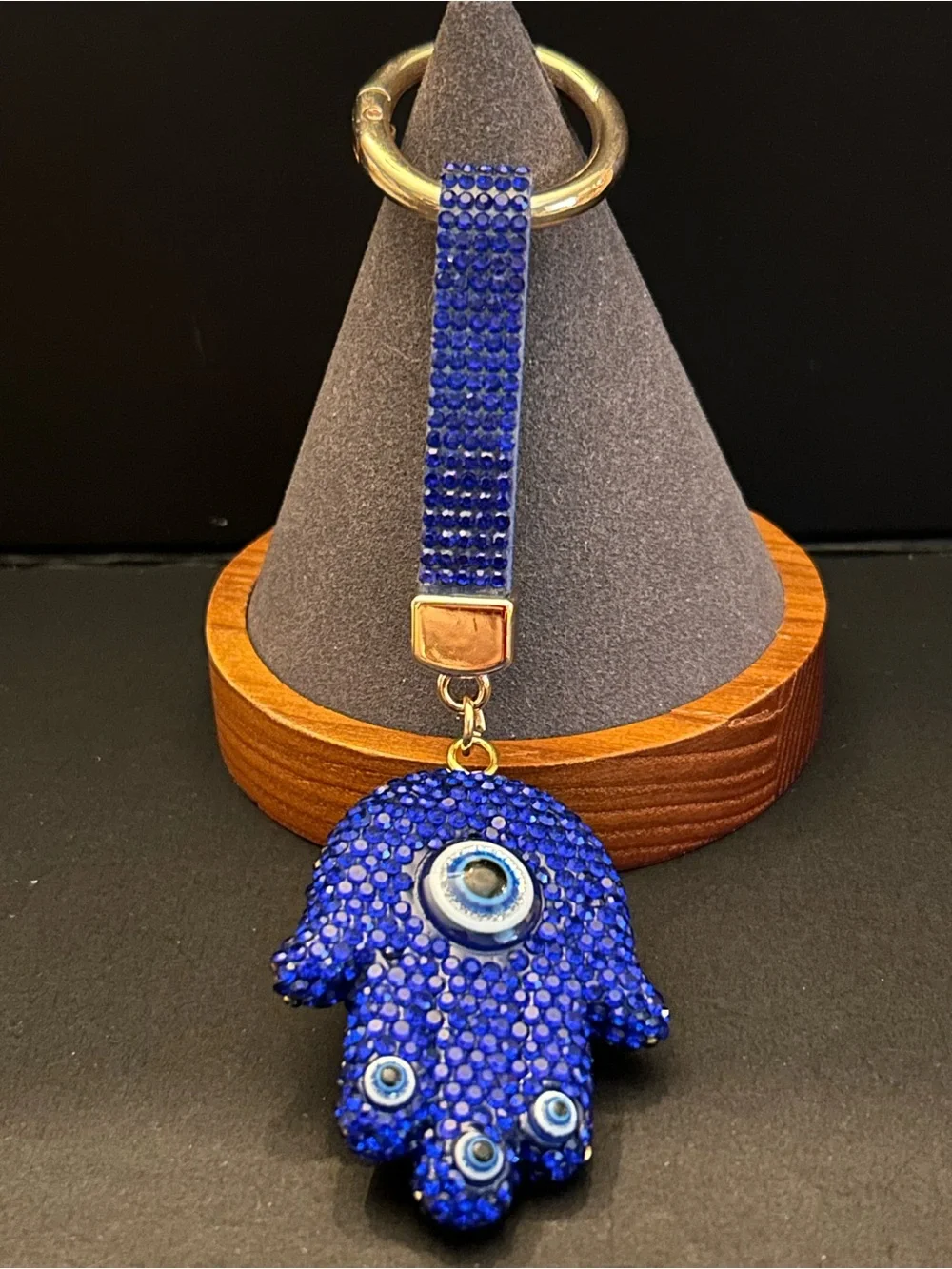 Royal Blue Crystal Hamsa Evil Eye 🧿 Bag Charm Keychain with Gold Hardware NWOT